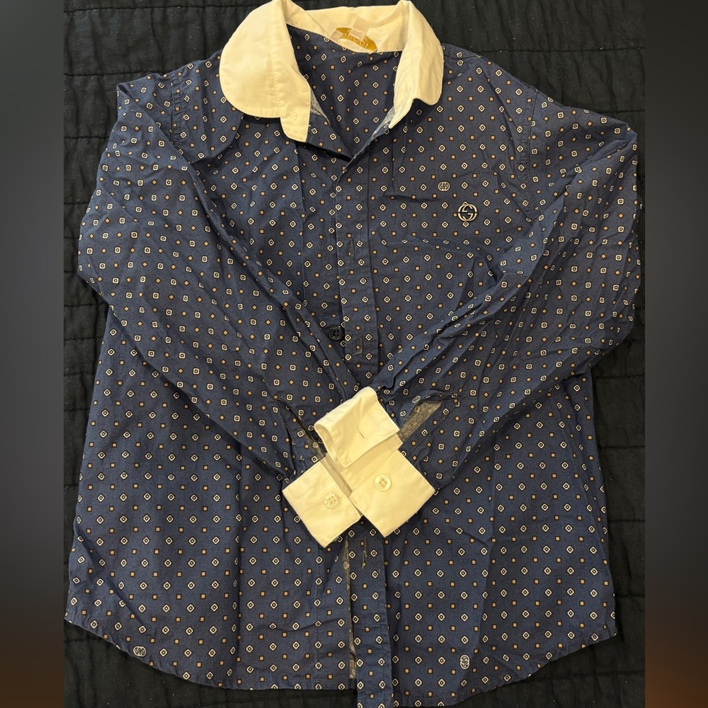 Men's Blue Patterned Shirt with White Collar